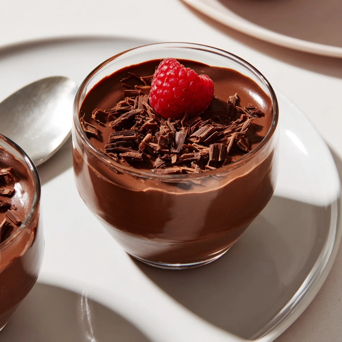 Rich, dark chocolate pudding swirled in a glass, suggesting decadent deliciousness to come.