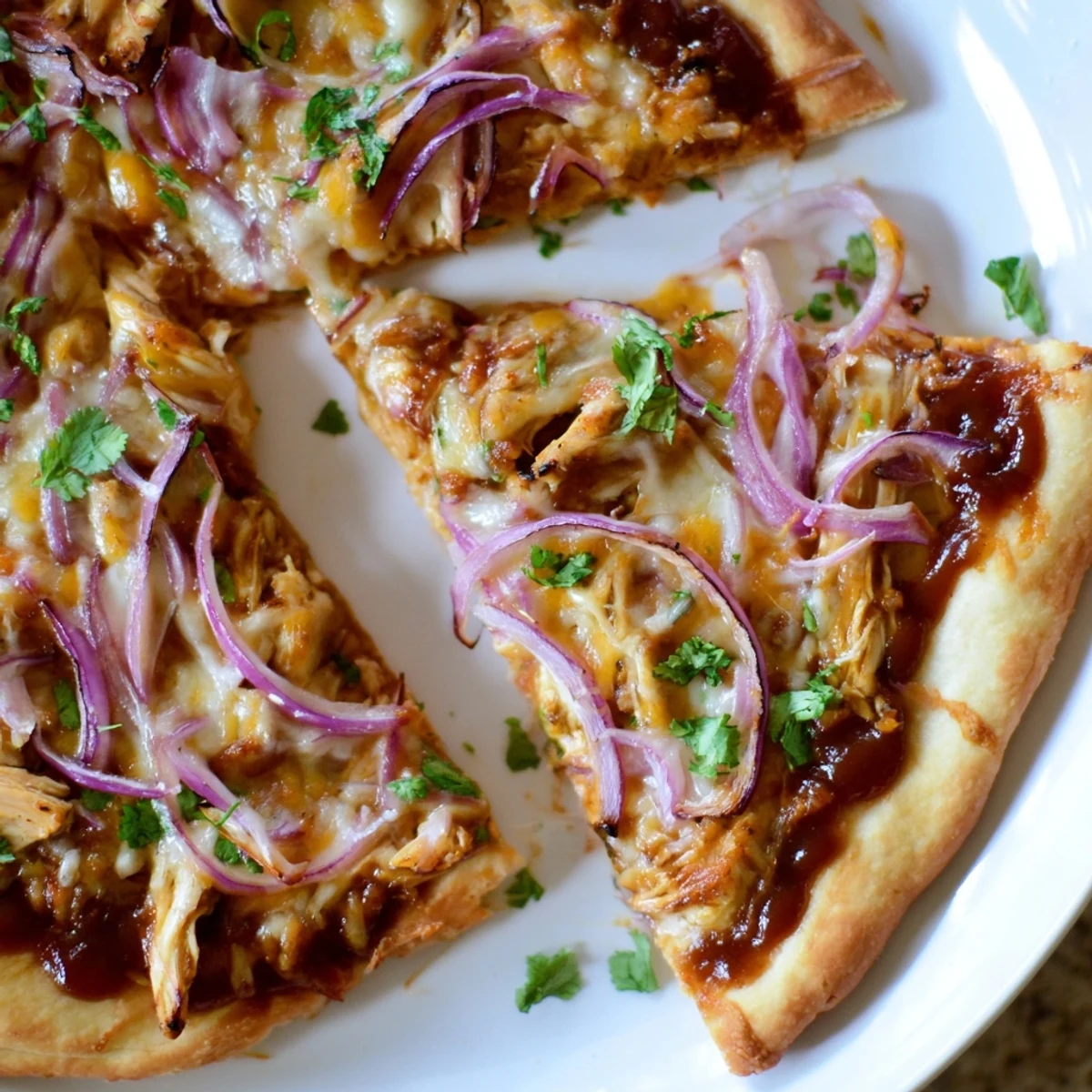 Golden-crusted Chicken BBQ Pizza, loaded with barbecue sauce and red onions, ready to be sliced.