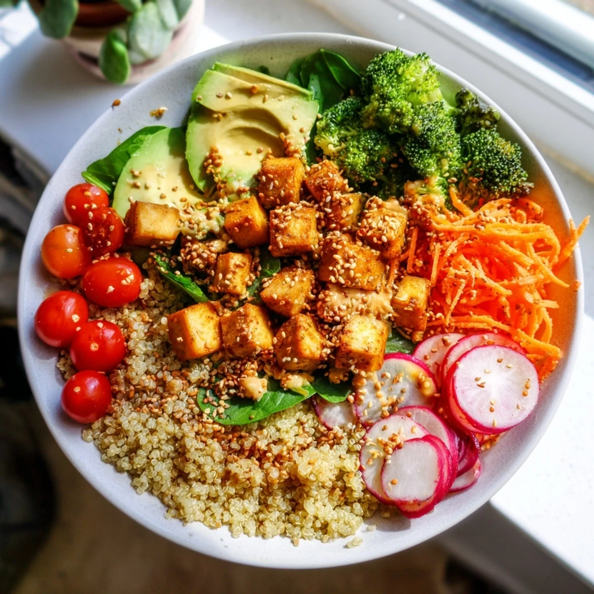 The Buddha bowl is beautifully arranged; a complete, healthy meal with a drizzle of tasty sauce.