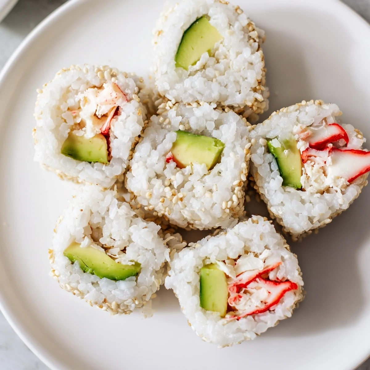 Freshly made California roll sushi with vibrant avocado and sesame seeds, ready to enjoy.