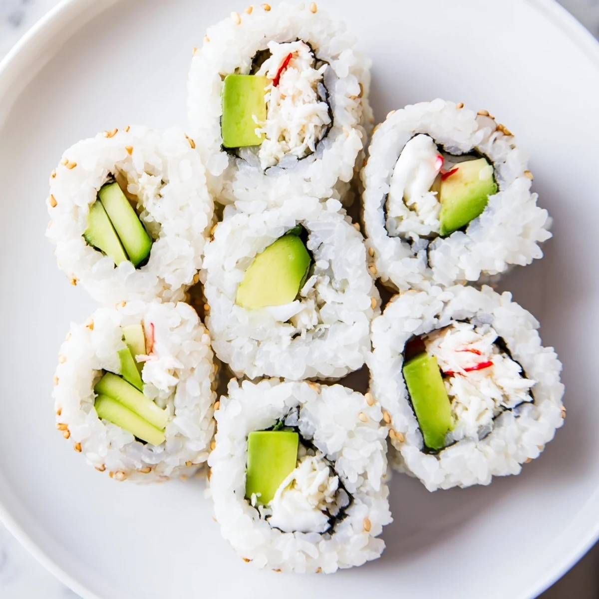 Close-up of a beautifully assembled California roll, showcasing the creamy filling and seaweed wrap.