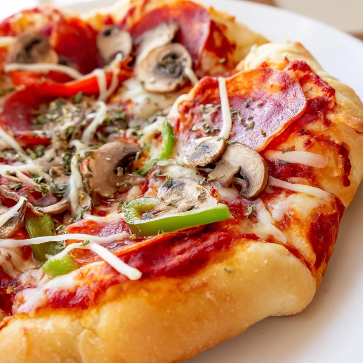 Golden, bubbling stuffed crust pizza boasting melted cheese and savory pepperoni atop a rich tomato base.