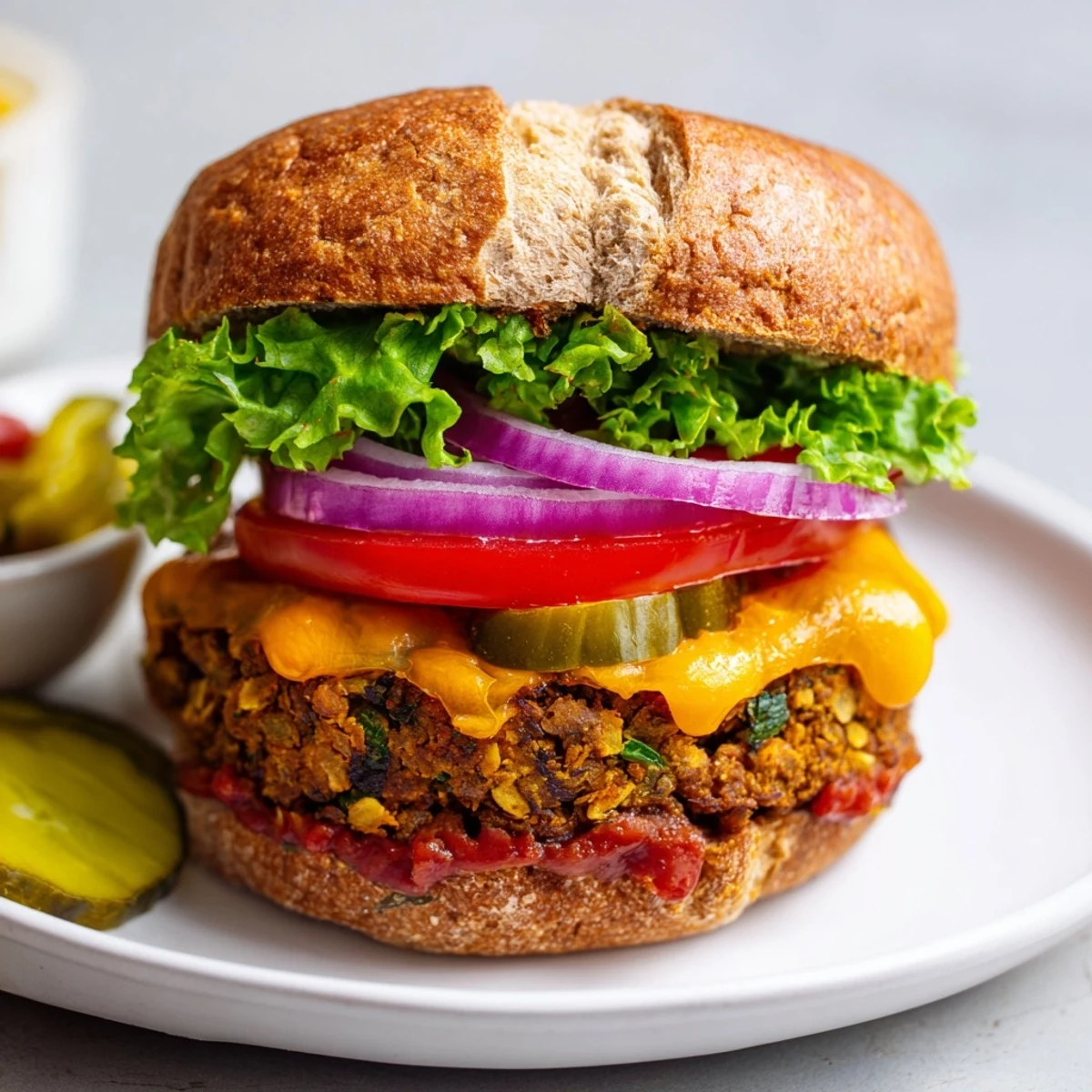 A freshly grilled veggie burger, with melted cheese and vibrant tomato slices on a toasted bun.