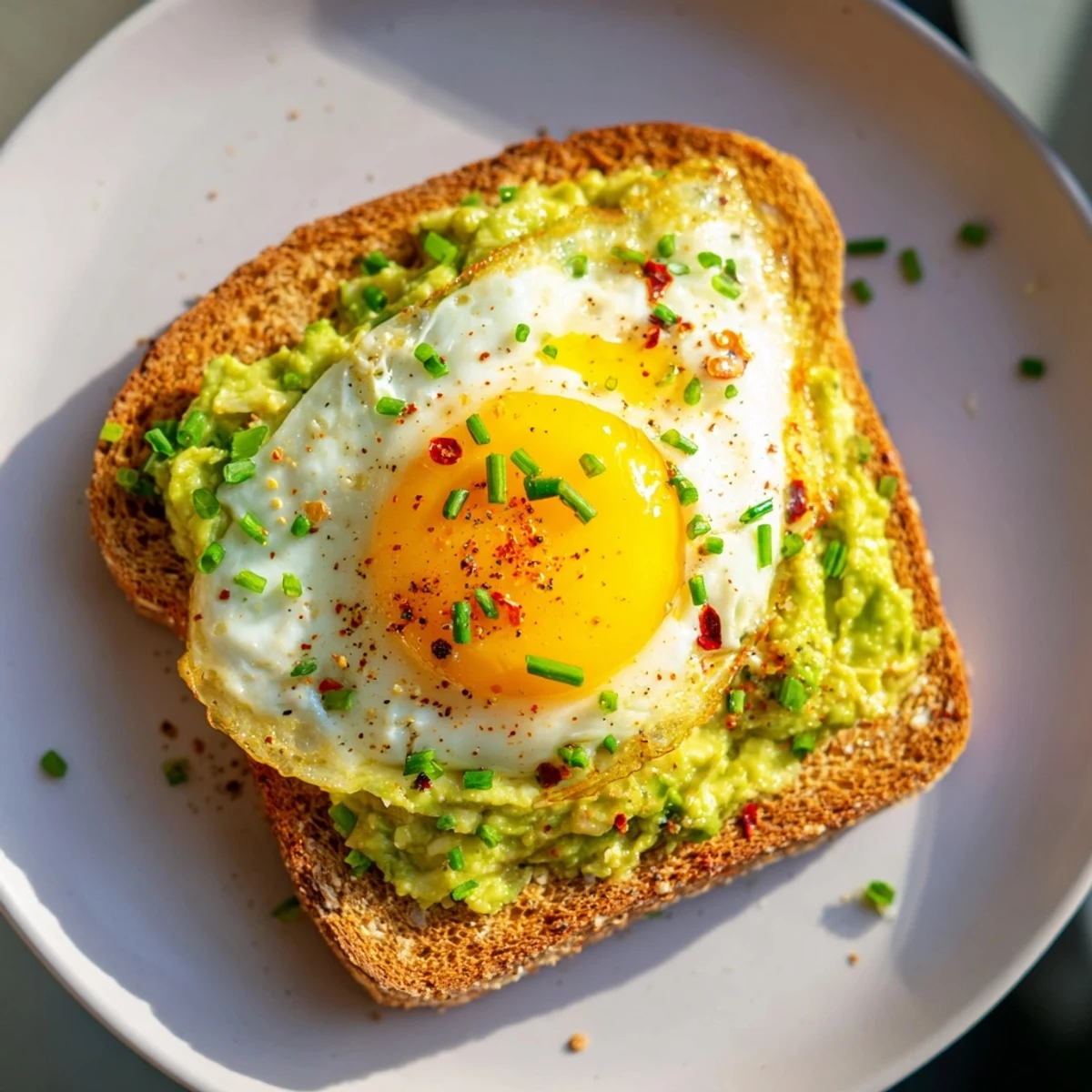 Creamy avocado toast topped with a fried egg and chives, ready for a delicious brunch.