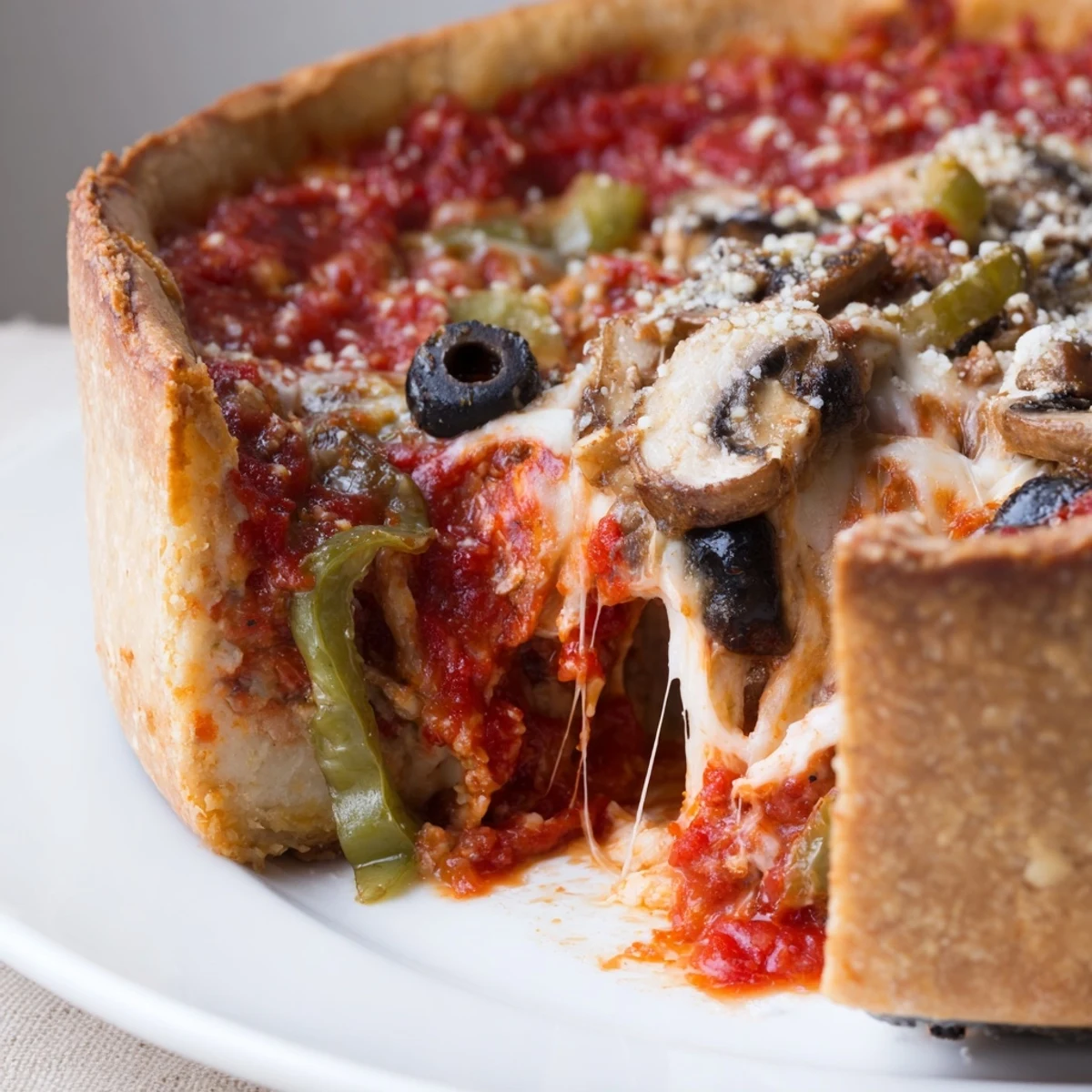 Thick, bubbly deep dish pizza with a golden crust and a generous layer of toppings.