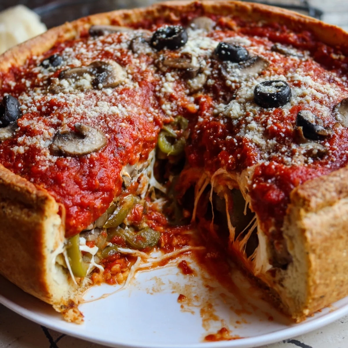 A Chicago-style deep dish pizza with overflowing cheese, sauce, and savory pepperoni.