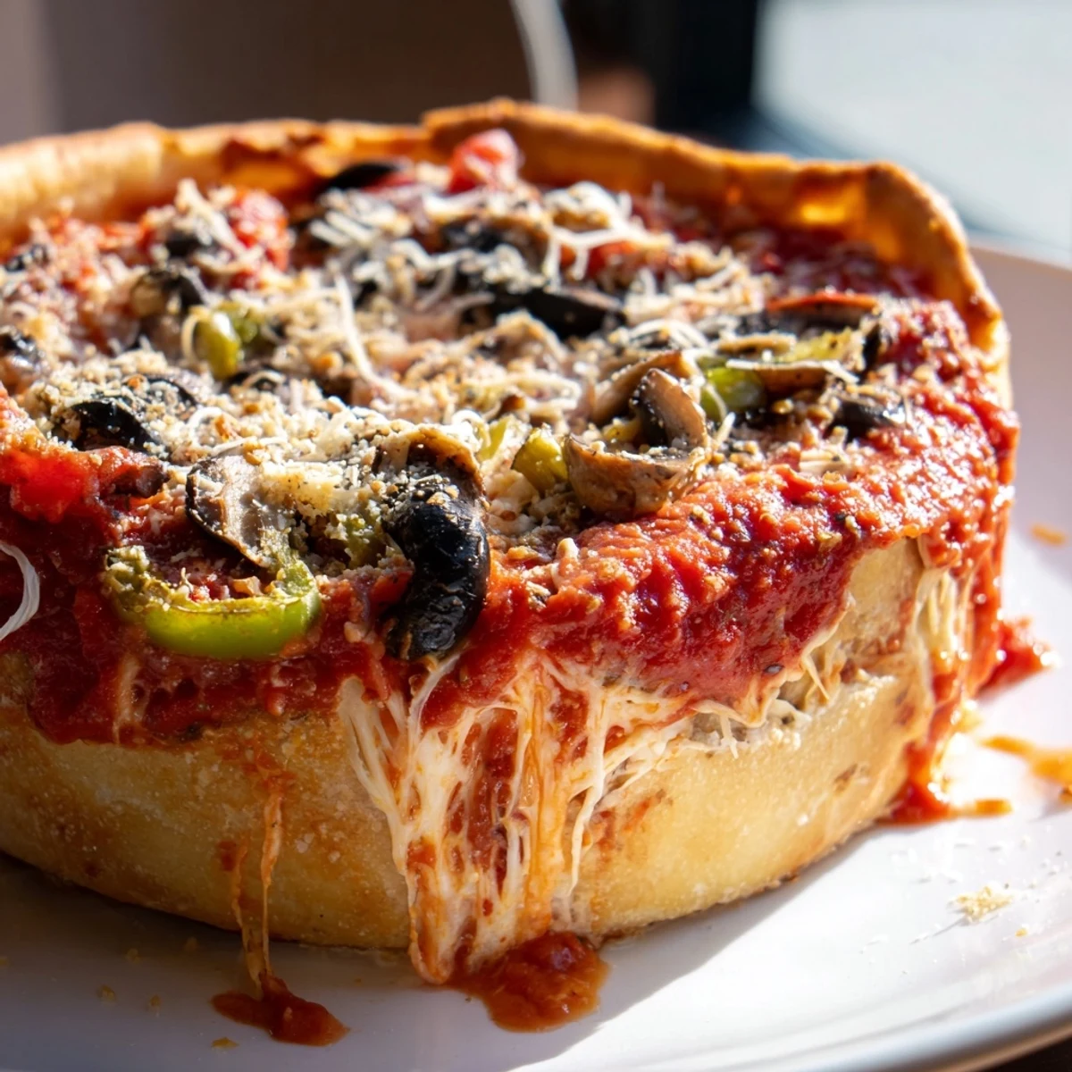 Freshly baked deep dish pizza, offering a delicious combination of flavors and textures.