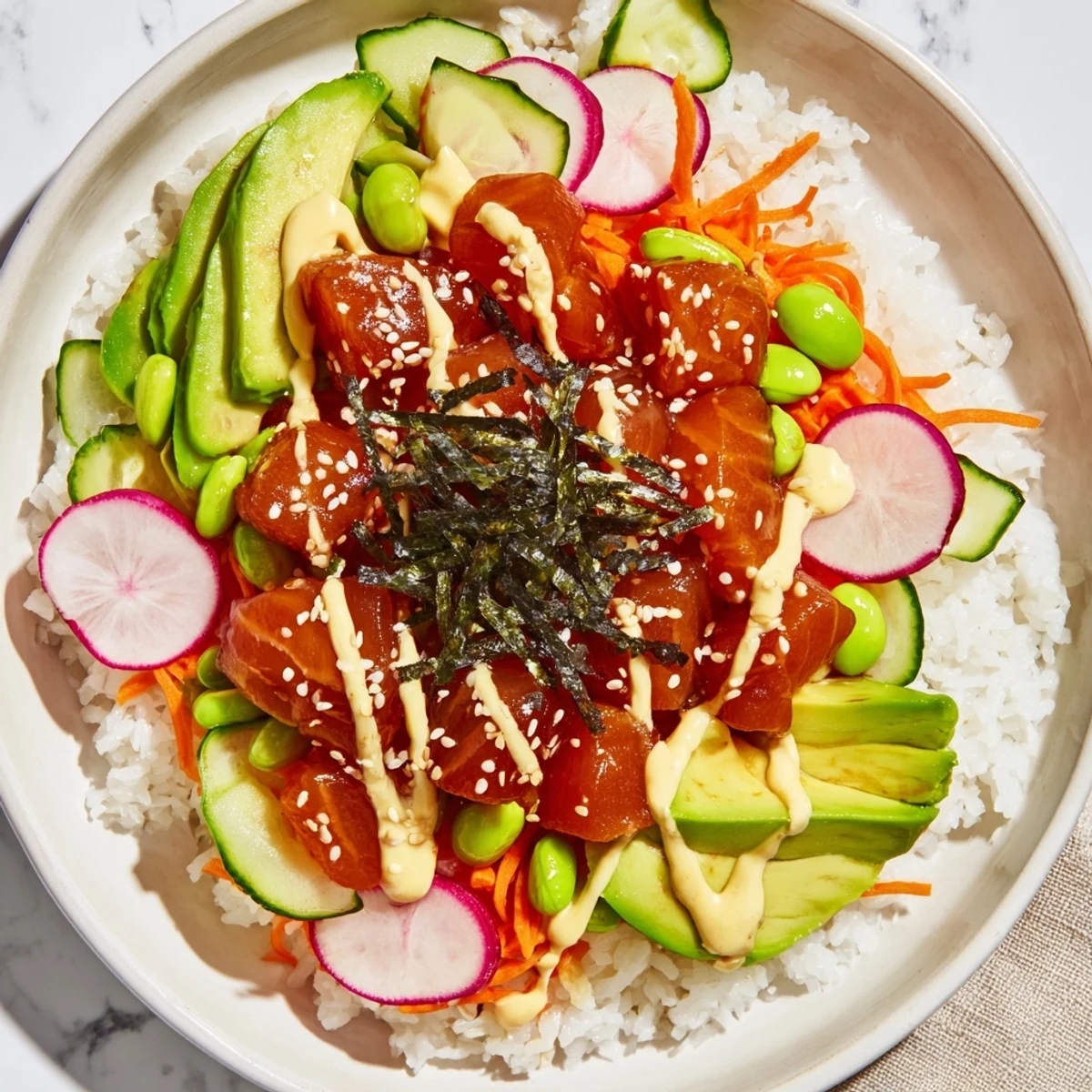 Vibrant poke bowl with chunks of glistening fish and fresh, colorful vegetables filling the plate.