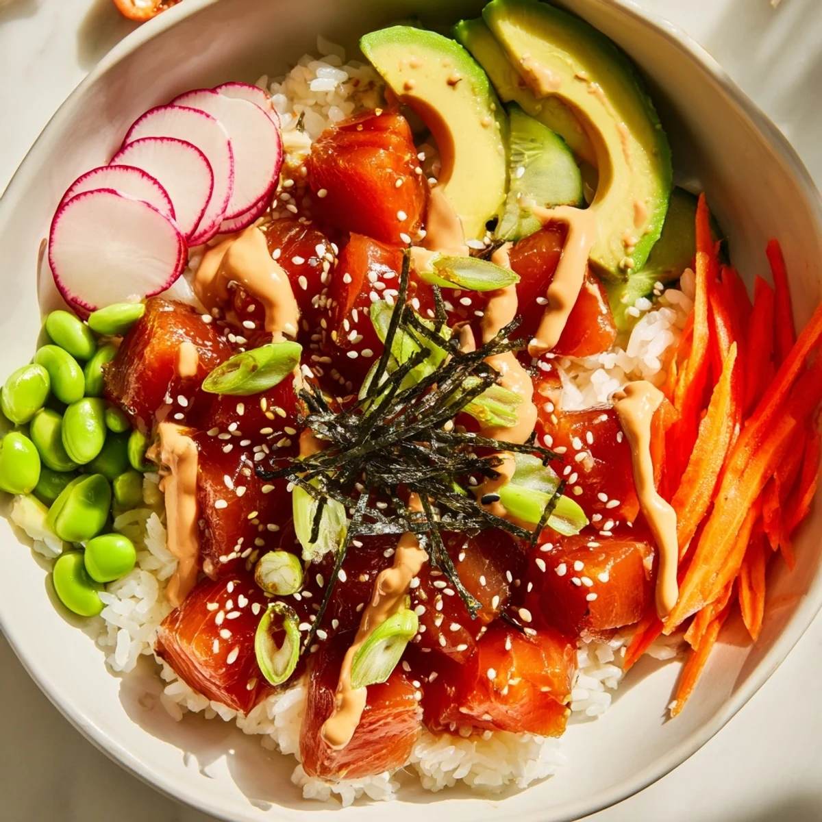 Delightful poke bowl, bursting with flavor from sushi-grade fish, creamy avocado, and savory sauces.