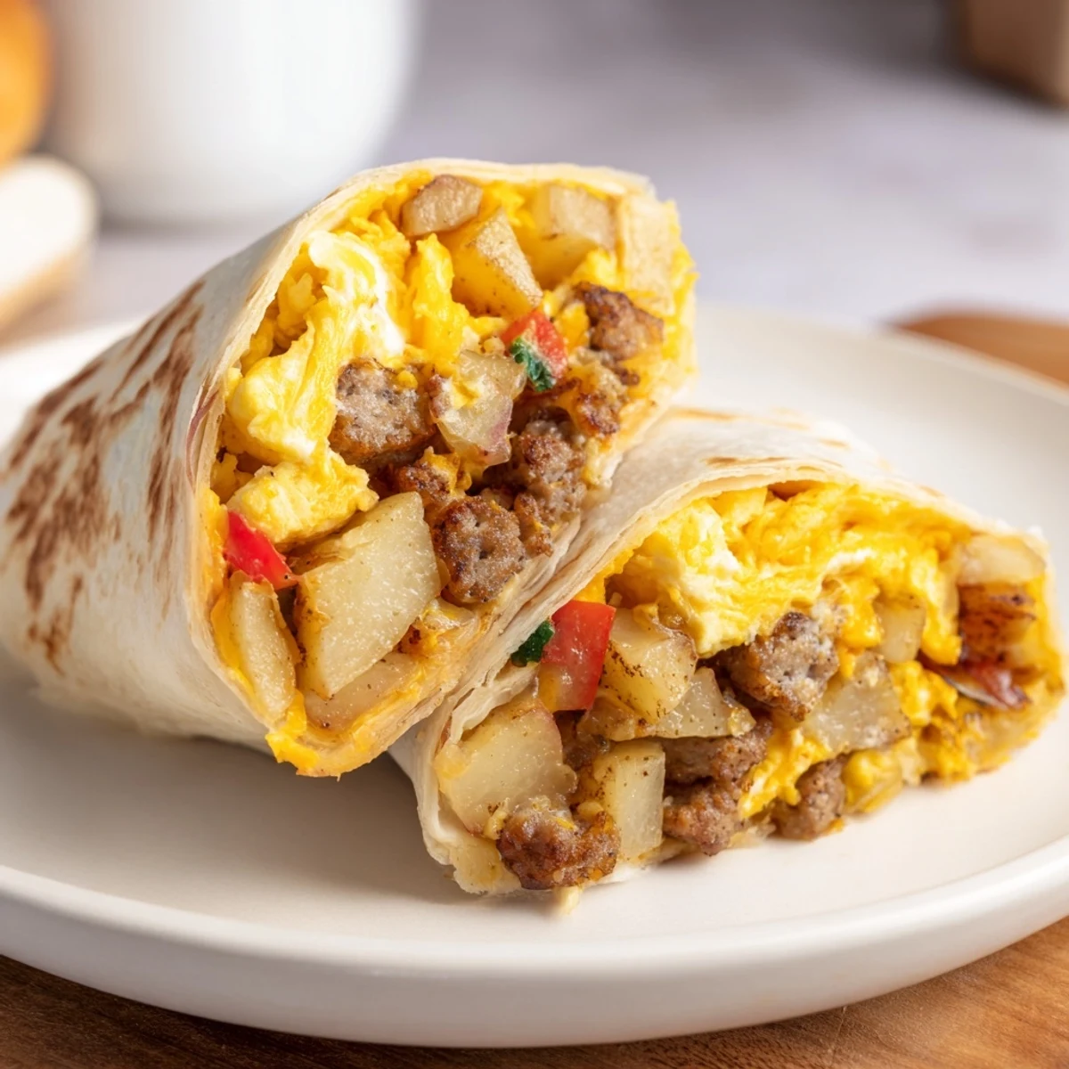Golden-brown breakfast burritos, wrapped tightly in tortillas, offering a flavorful morning meal.