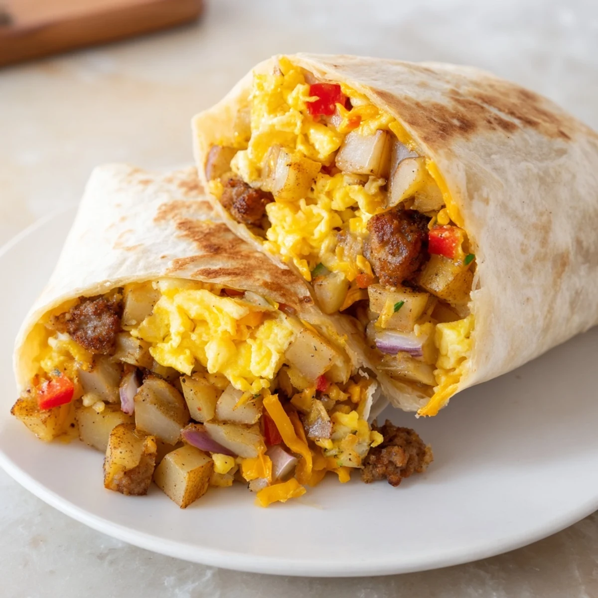 Breakfast burritos, overflowing with scrambled eggs, cheese, and crispy potatoes, ready to eat.