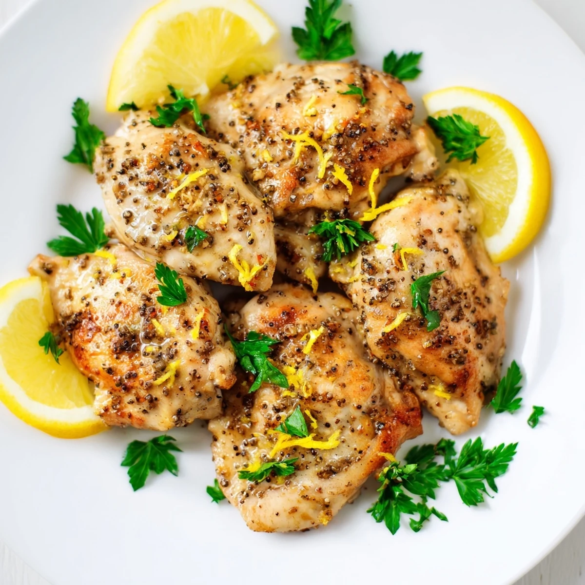 Golden-brown lemon pepper chicken, juicy and flavorful, ready to serve with fresh lemon wedges.