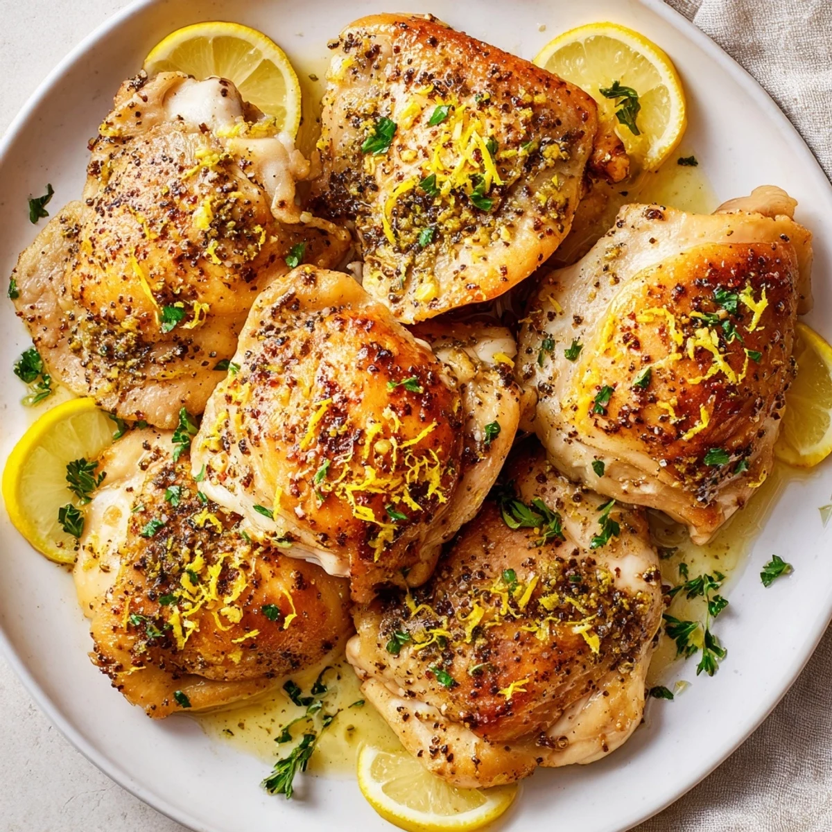 Oven-roasted lemon pepper chicken, showing crispy edges and a delicious, savory aroma.