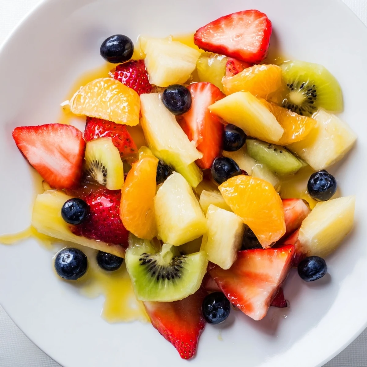 Vibrant fruit salad, glistening with citrus syrup, perfect for a refreshing summer dessert.