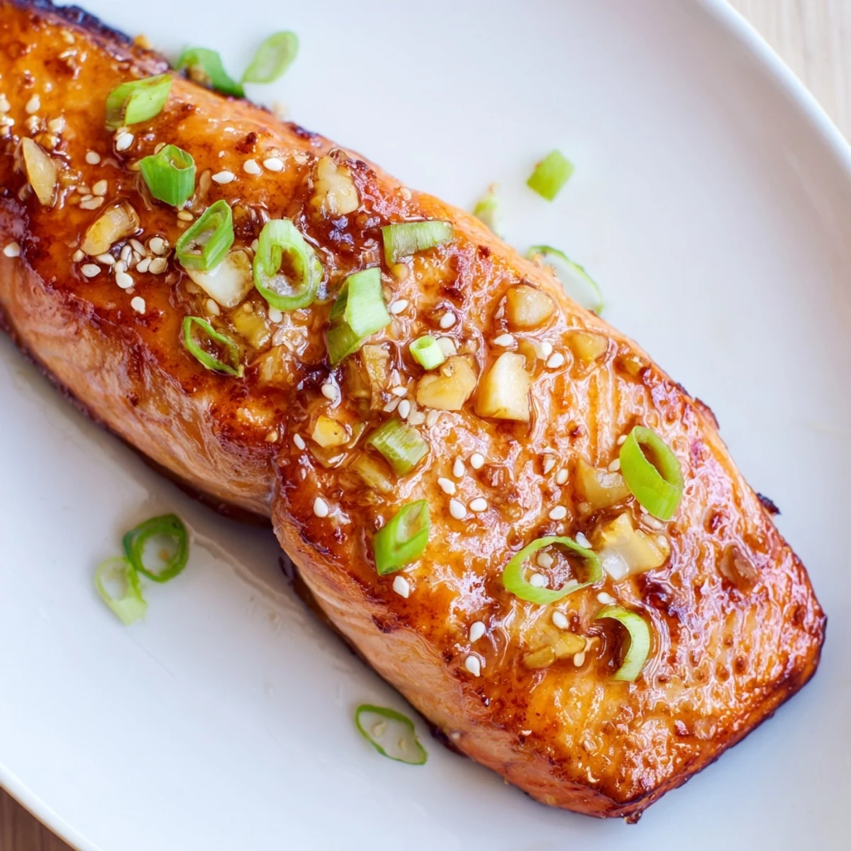 Golden-brown Honey Garlic Salmon glistening in a pan, ready for a delicious dinner with steamed rice.