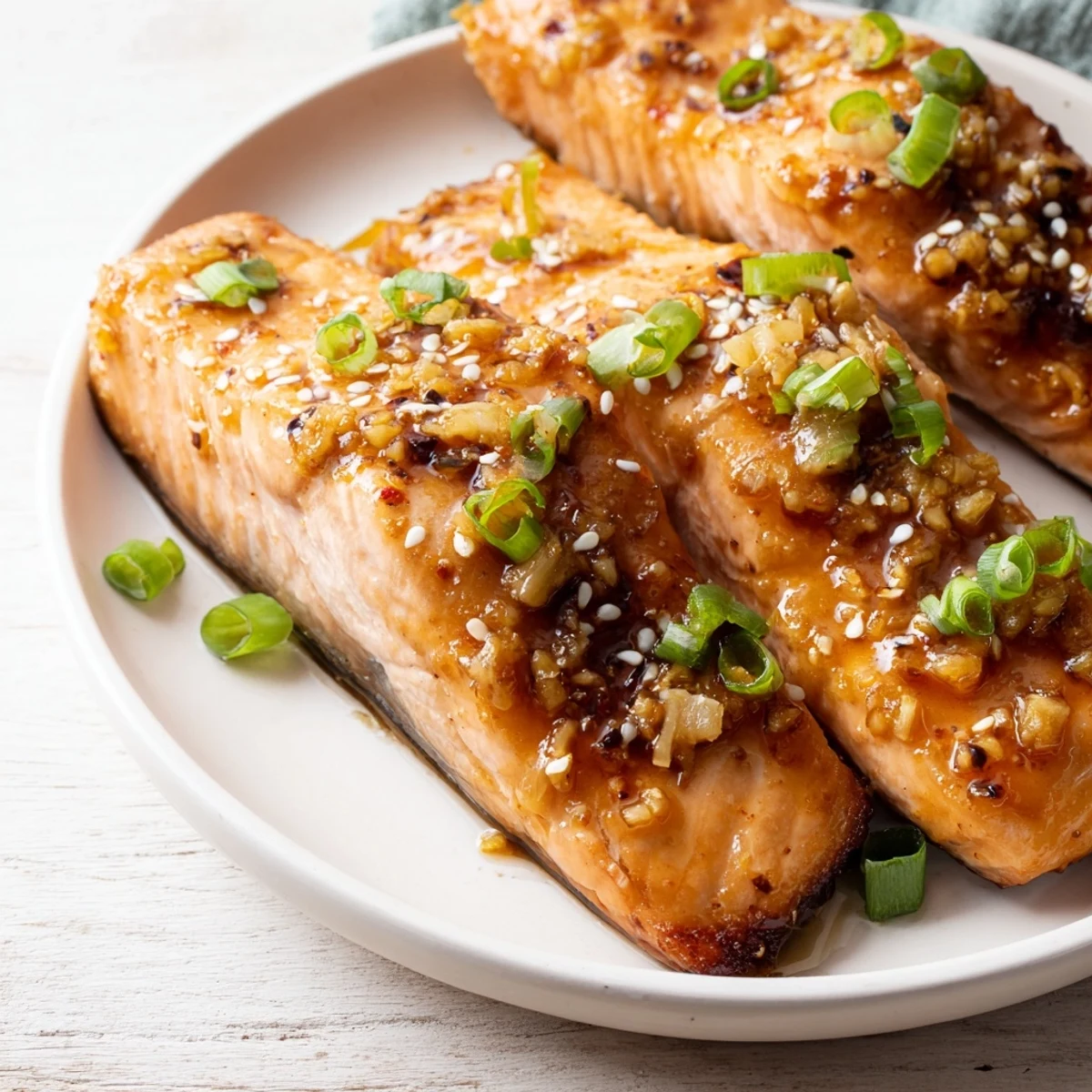 Close-up of flaky Honey Garlic Salmon served with rice and vegetables, drizzled with savory sauce.