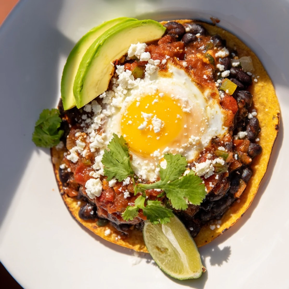 Steaming plate of Huevos Rancheros, with runny yolks over a spicy tomato sauce, ready to be enjoyed.