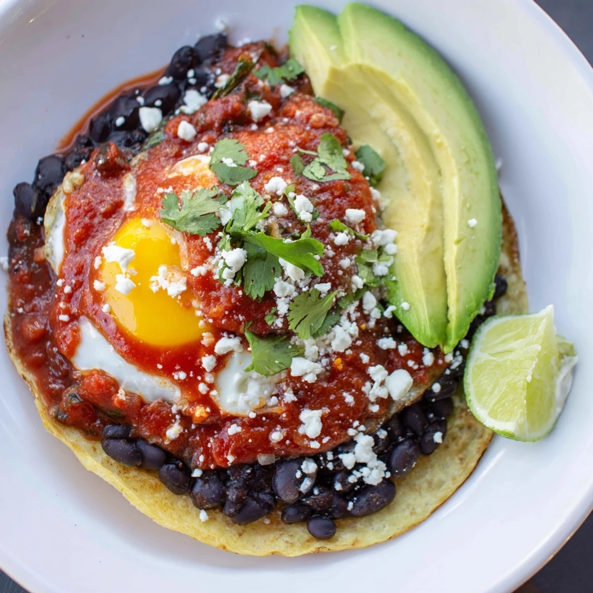 Golden fried eggs nestled on corn tortillas, smothered in flavorful Huevos Rancheros sauce, ready to eat.