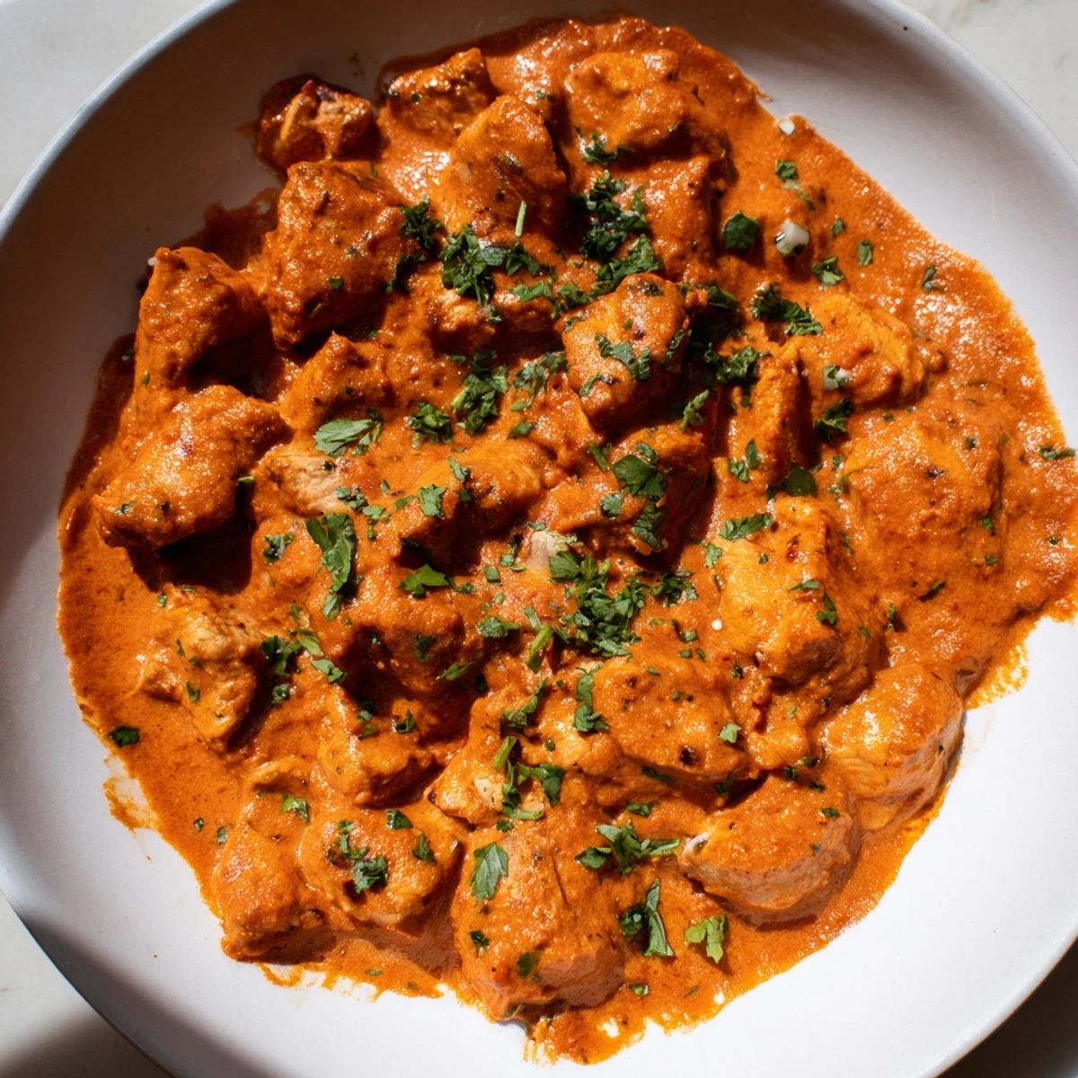 Classic Indian-American Chicken Tikka Masala; a close-up shows the rich sauce over the chicken pieces.
