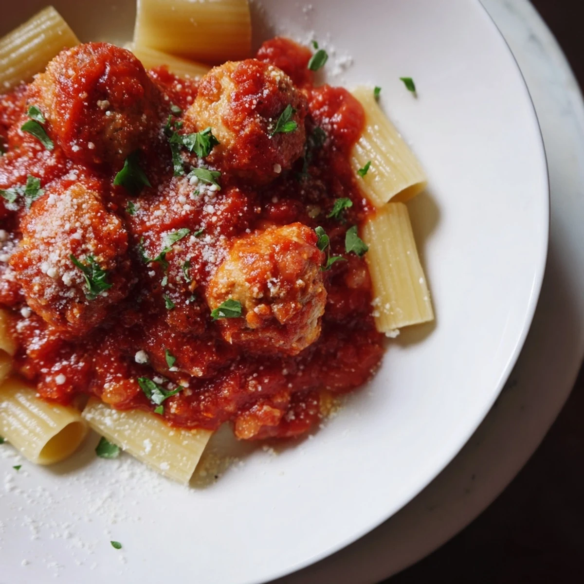 Golden-brown turkey meatballs, simmered in rich tomato sauce, ready for serving with pasta.