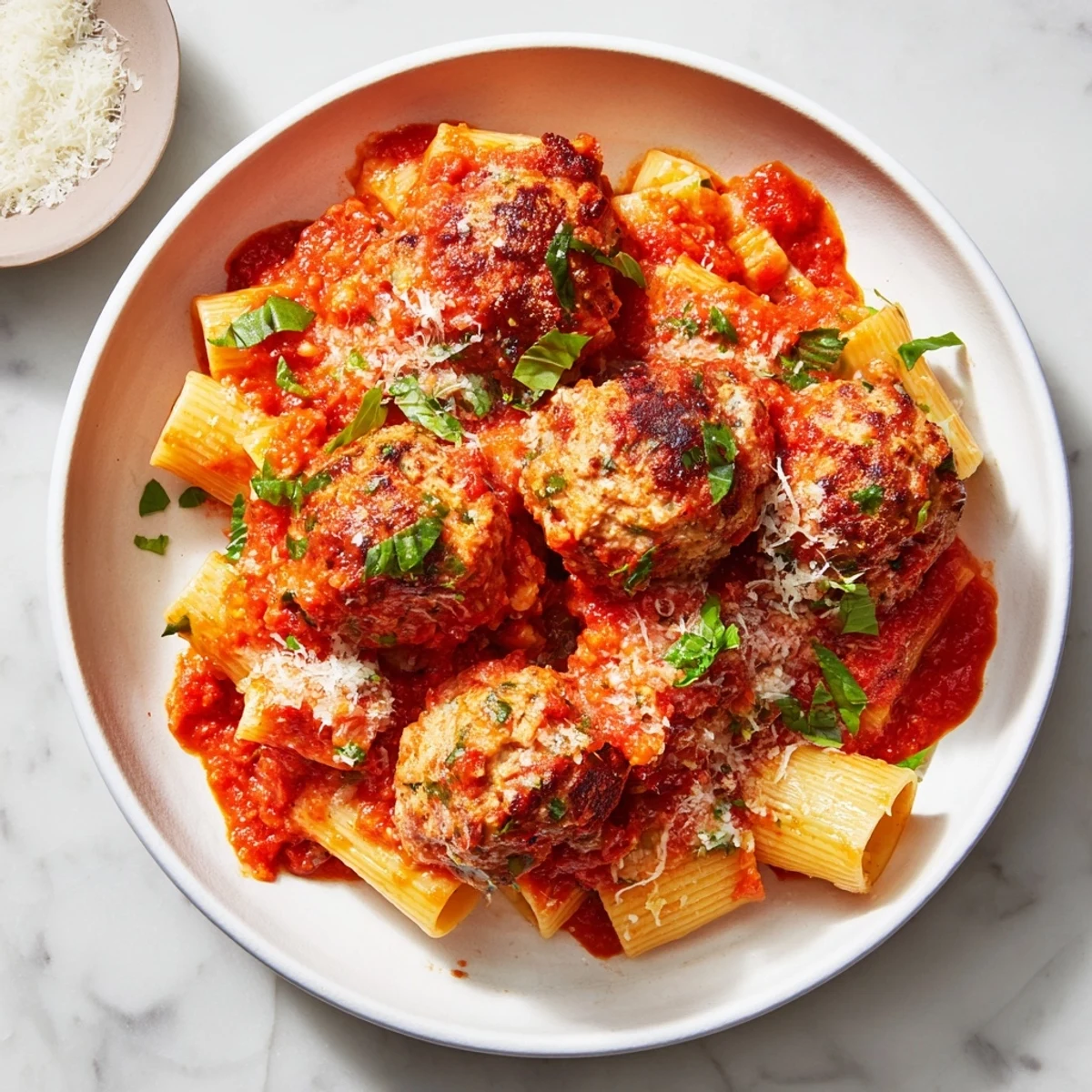 Close-up of tender oven-baked turkey meatballs, offering a taste of savory comfort food with sauce.