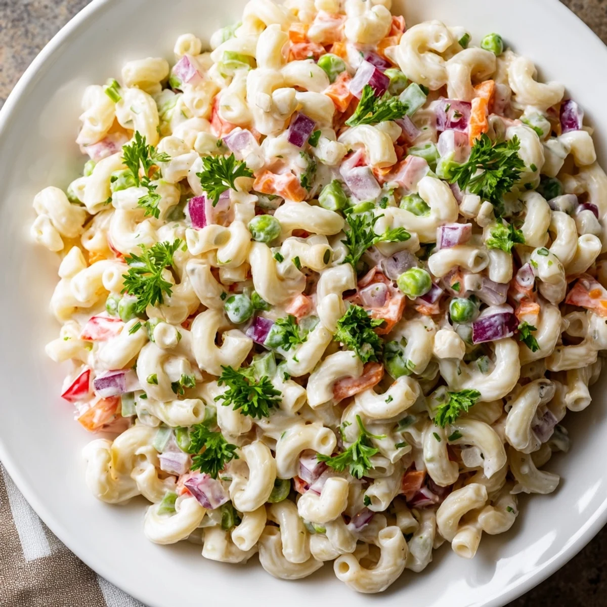 This beautiful macaroni salad is bursting with crisp vegetables and a tangy, creamy dressing.