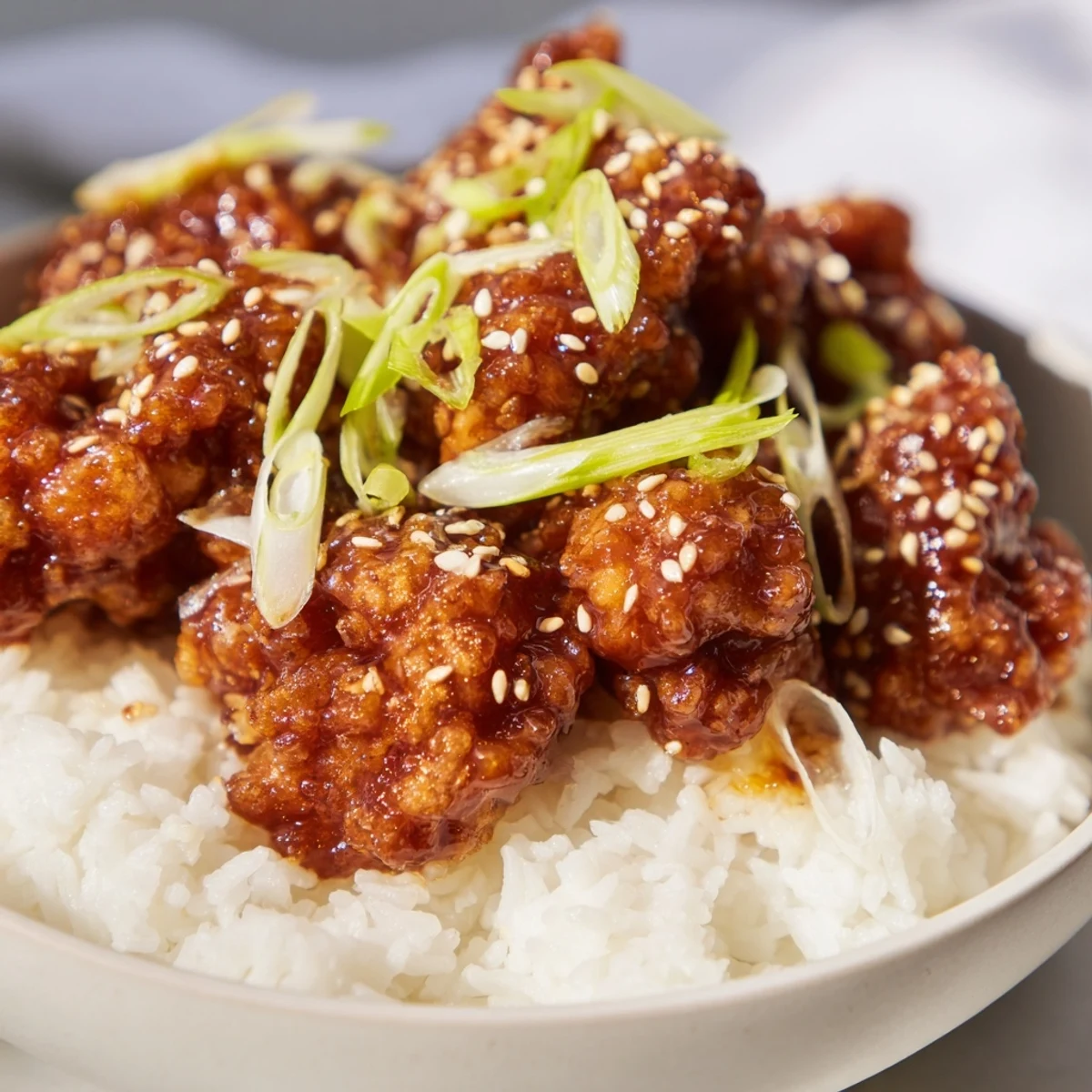 Crispy General Tso's Chicken glistening with a sweet and spicy sauce, ready to serve with rice.