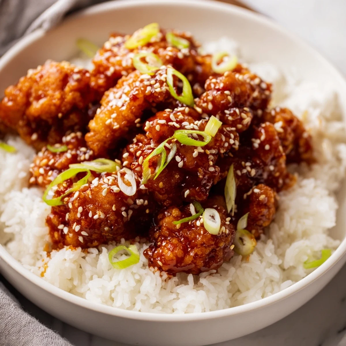 Deliciously golden fried chicken coated with General Tso's vibrant sauce, perfect for a flavorful dinner.