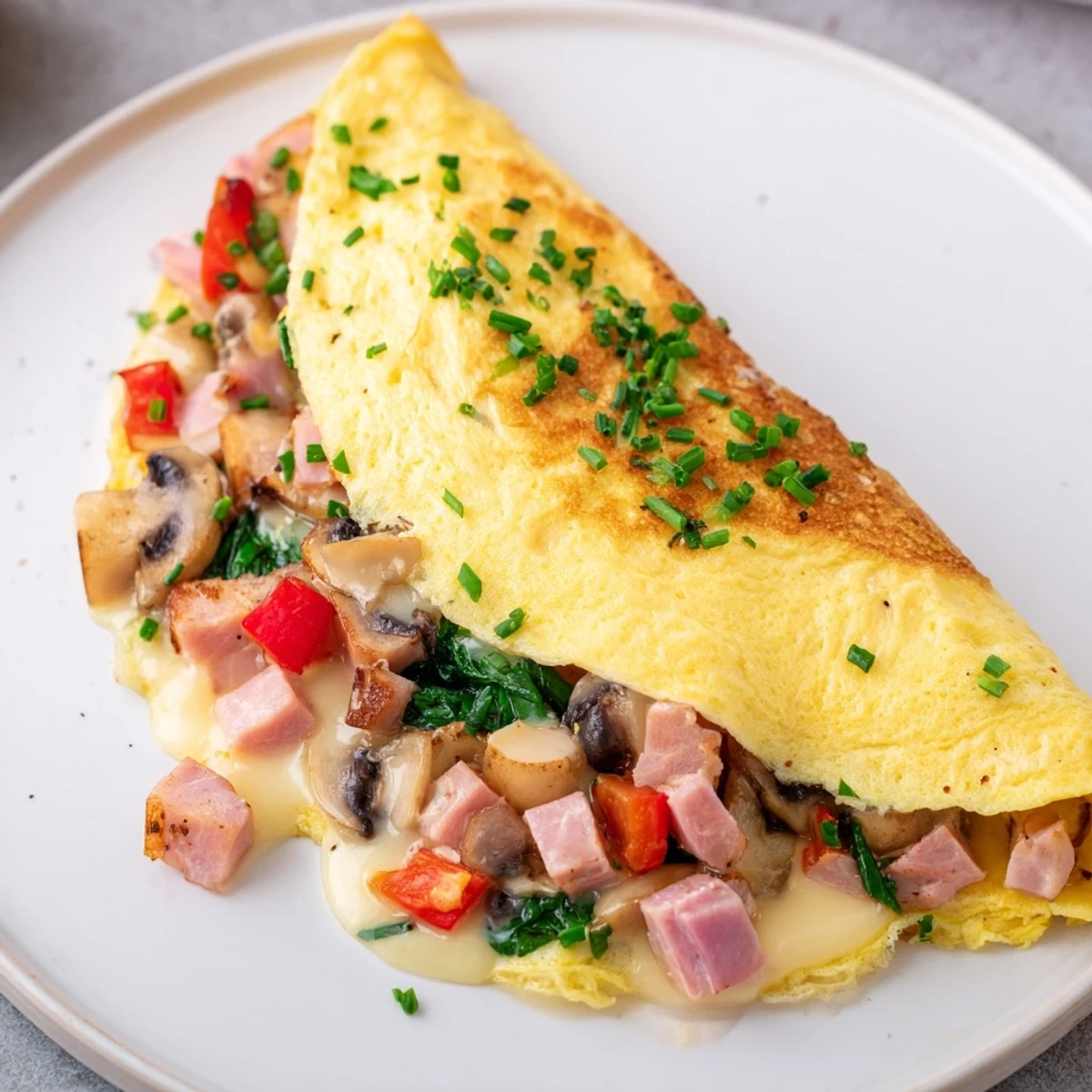 Warm Omelet filled with cheesy goodness, optionally ham and veggies, great with crusty bread.