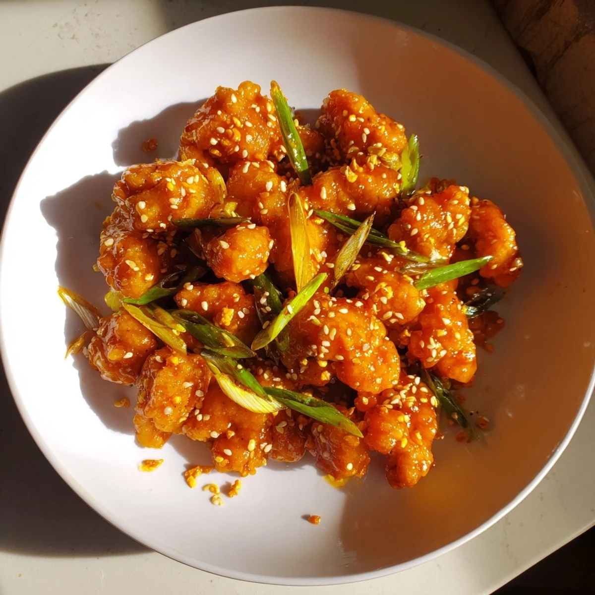 A plate of glistening orange chicken, the sweet and tangy takeout classic, ready to enjoy.
