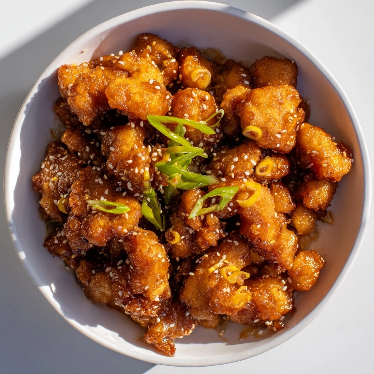 Golden-brown, crispy orange chicken with visible sauce—a flavorful Chinese-American main dish.