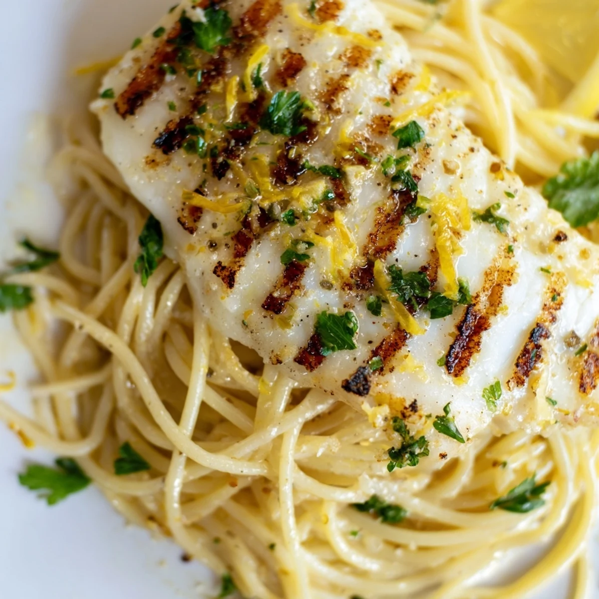 Freshly grilled lemon bass rests atop spaghetti coated in a zesty lemon-butter sauce and finished with parsley.