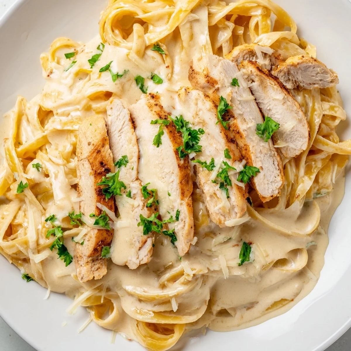 Creamy Cajun Chicken Alfredo pasta topped with fresh parsley and grated Parmesan on a rustic wooden table.