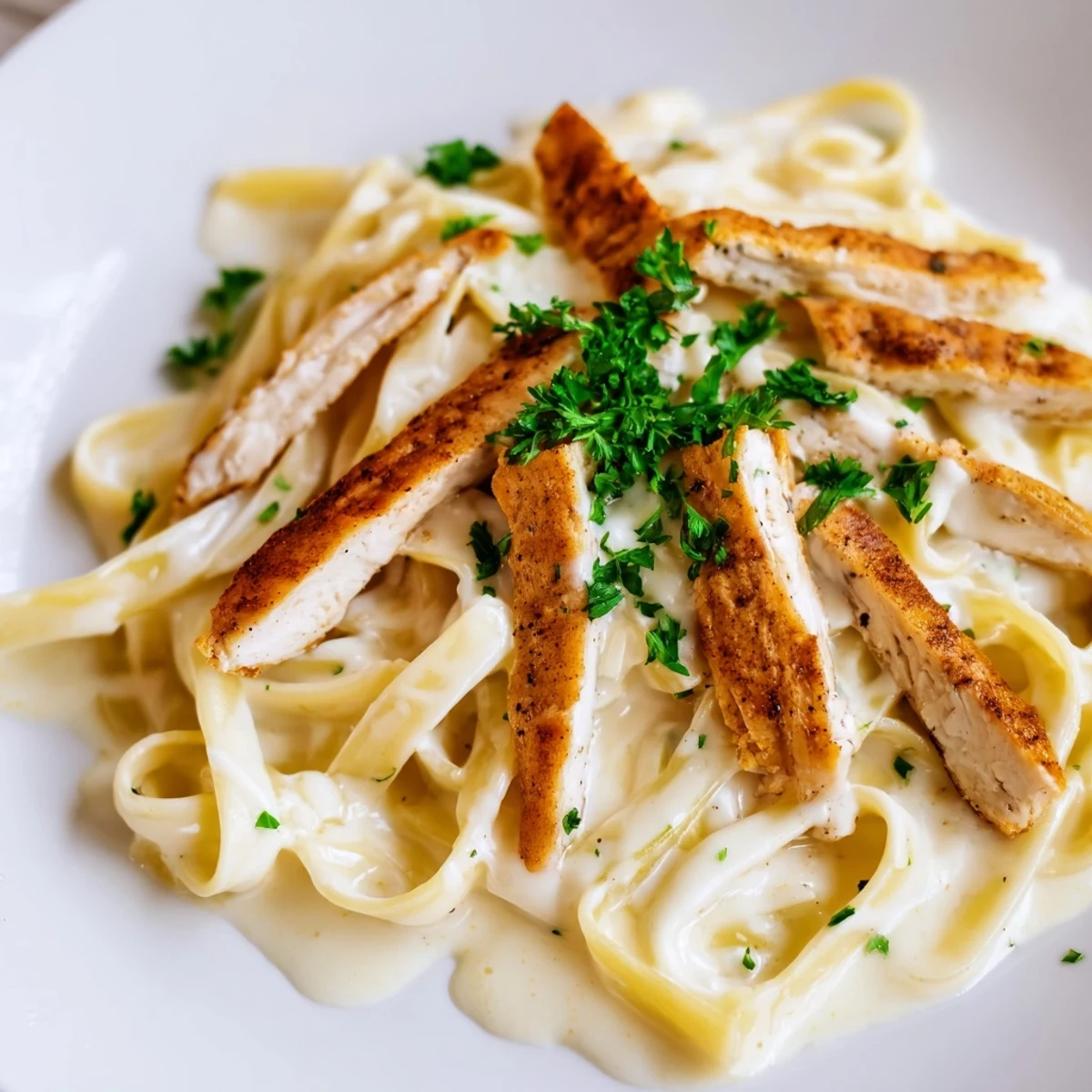 Golden, spicy Cajun chicken slices resting on silky Alfredo fettuccine, garnished with red pepper flakes and herbs.