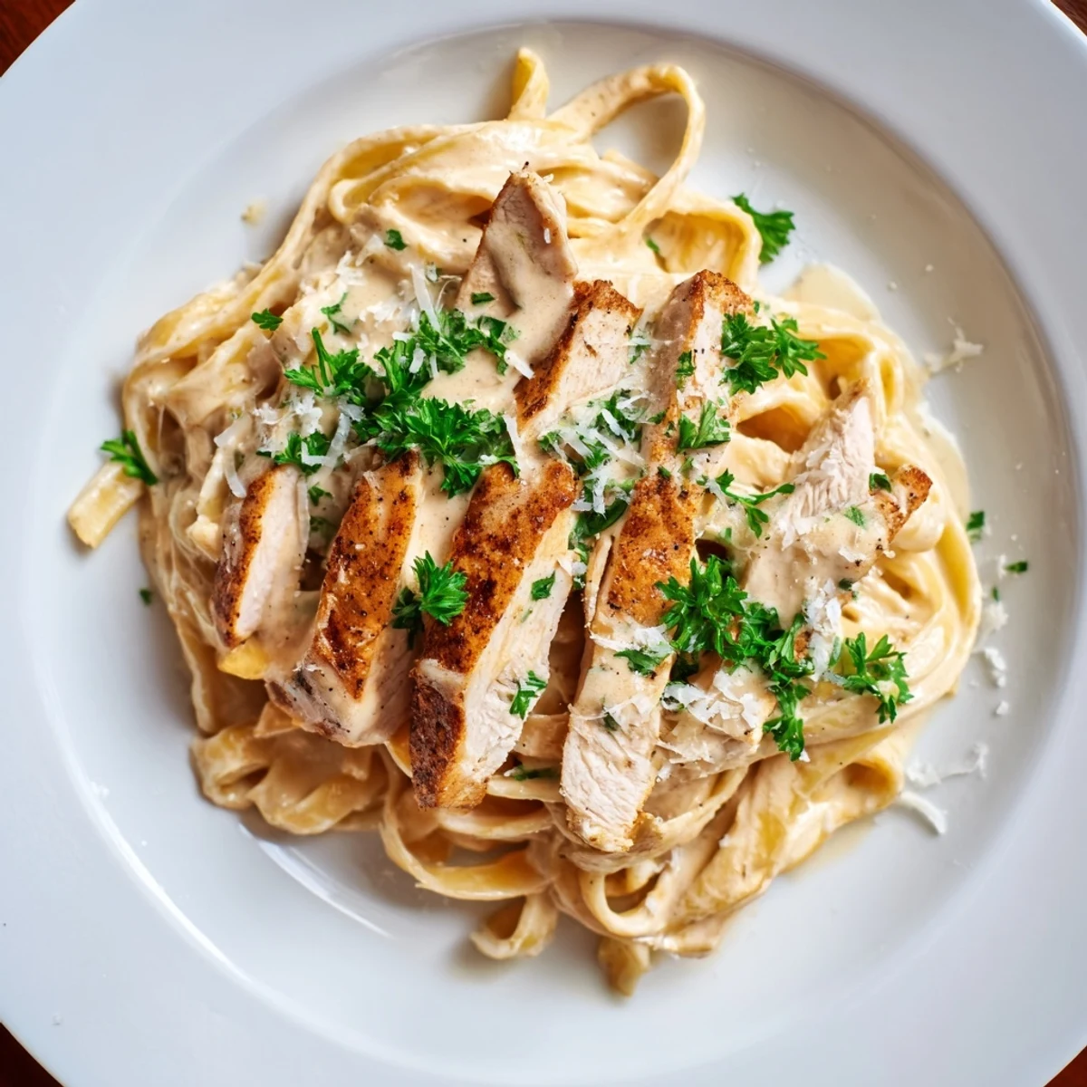 Sizzling skillet of Cajun Chicken Alfredo with melted Parmesan sauce and fresh parsley, ready to serve.