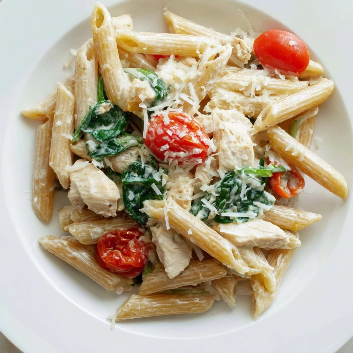 Whole wheat penne tossed with tender Greek Yogurt Chicken Pasta in a creamy, Parmesan-spiked sauce dotted with spinach and cherry tomatoes.  