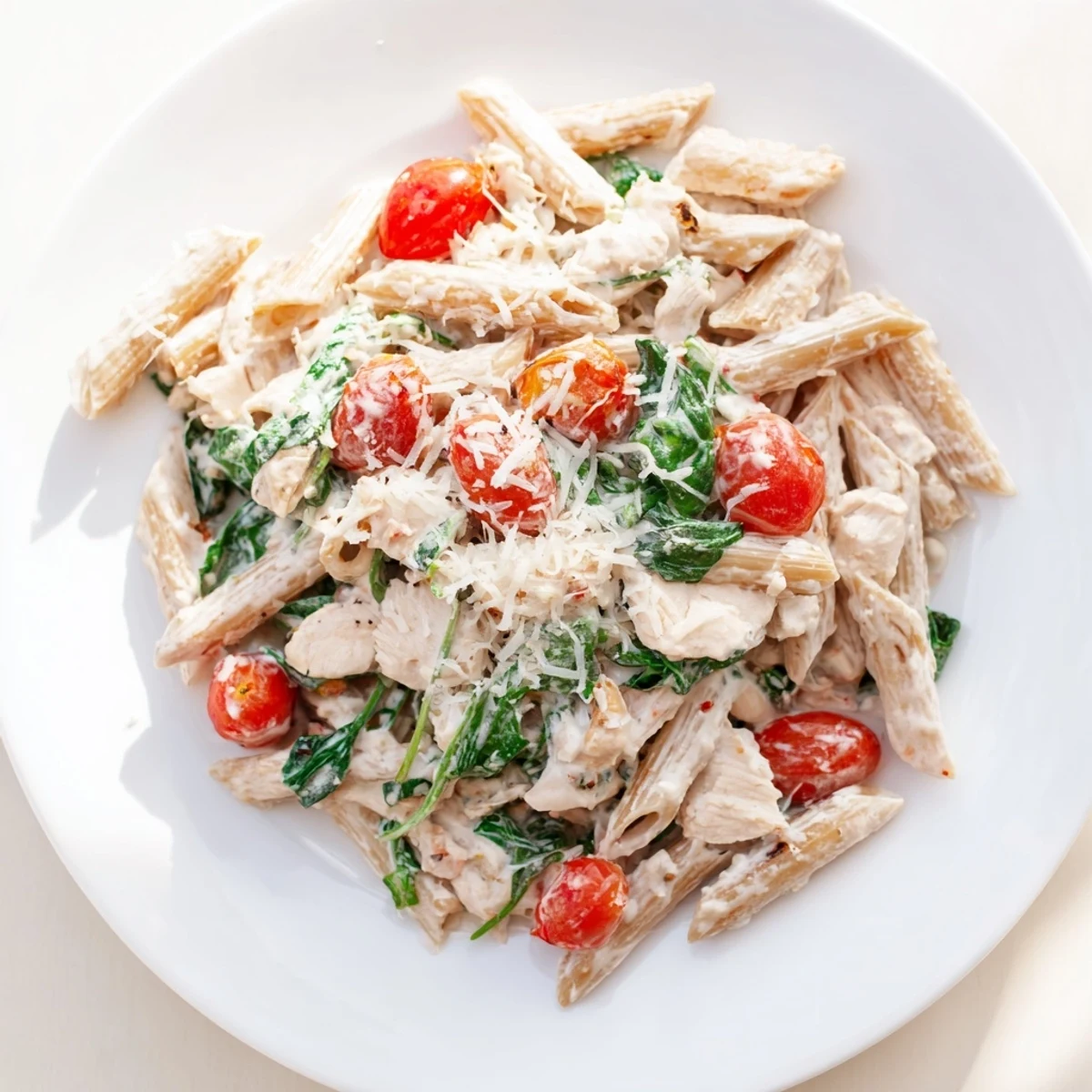 Comforting Greek Yogurt Chicken Pasta plated with colorful veggies and a protein-rich sauce, perfect for a healthy weeknight dinner.