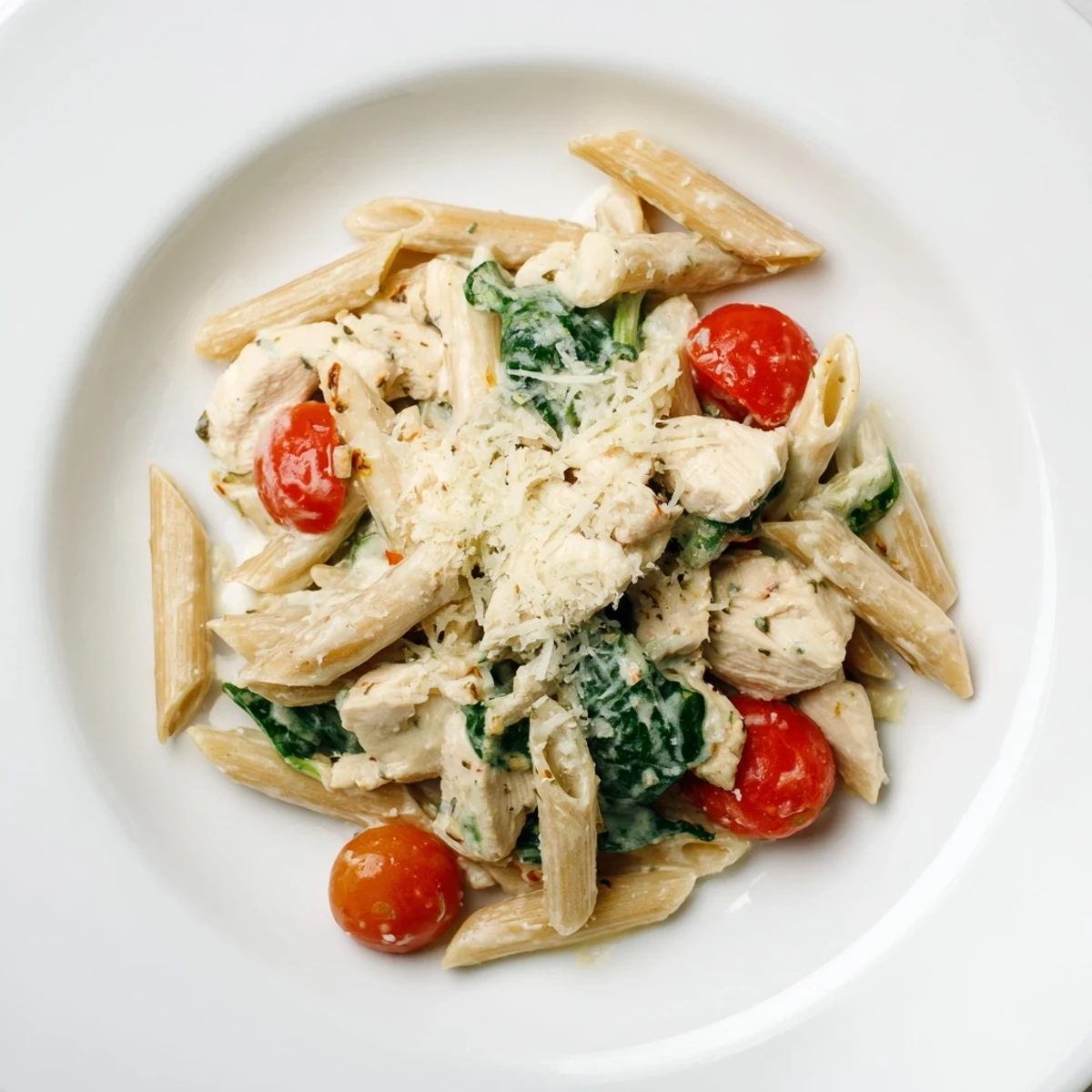 A close-up of Greek Yogurt Chicken Pasta served warm, garnished with fresh basil and a lemon wedge beside a wine glass.  