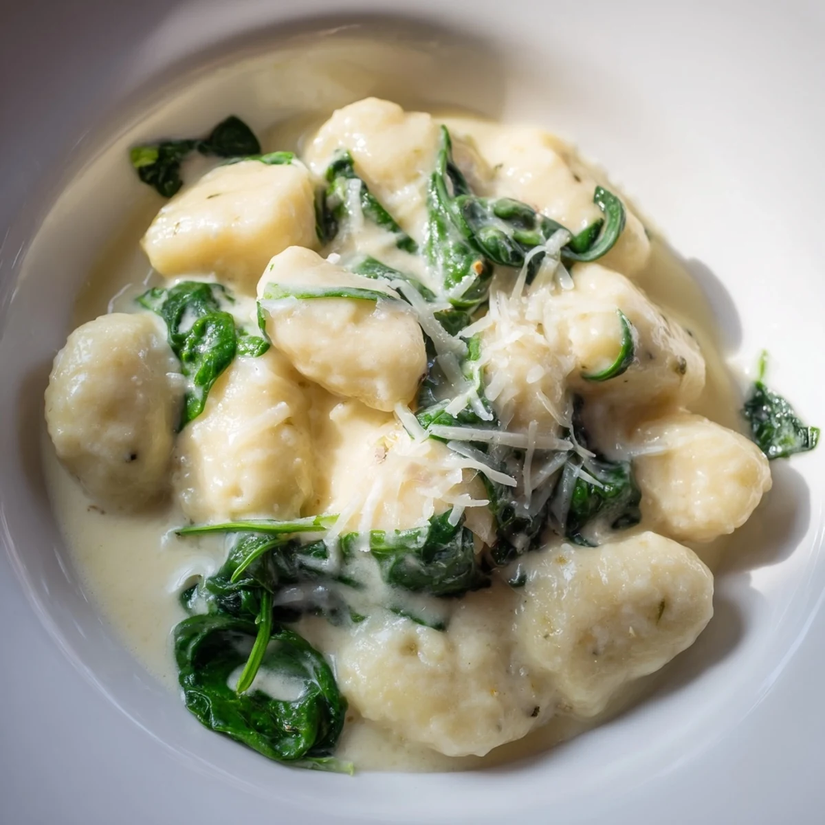 Soft, steaming Creamy Garlic Gnocchi in a velvety white sauce, garnished with fresh spinach and a generous dusting of Parmesan.