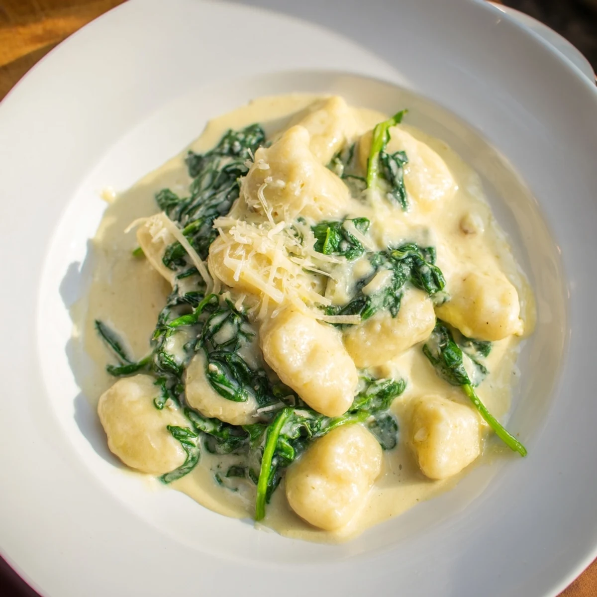 Creamy Garlic Gnocchi tossed with vibrant spinach leaves in a skillet, ready to serve as a comforting Italian-inspired main dish.
