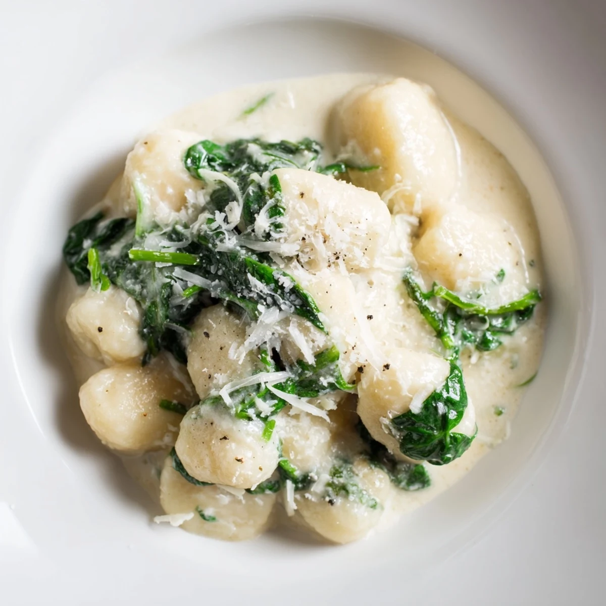 A close-up of Creamy Garlic Gnocchi coated in garlic cream sauce, with wilted spinach and freshly ground pepper on top.