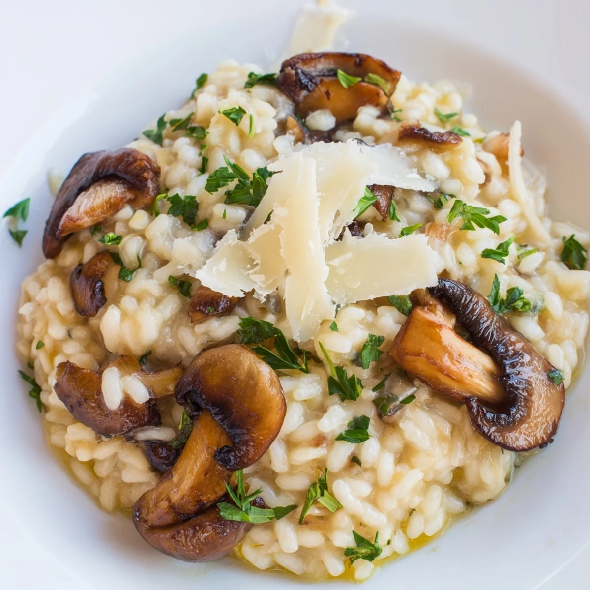 Close-up on caramelized roasted mushrooms and herbs mixed into a steaming pot of homemade Italian risotto for dinner.