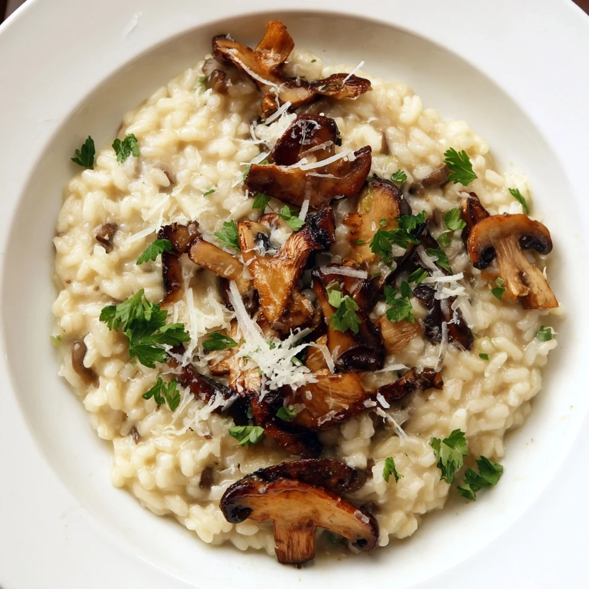 A spoonful of savory roasted mushroom risotto in a white bowl, showing the rich, creamy texture and cheesy topping.