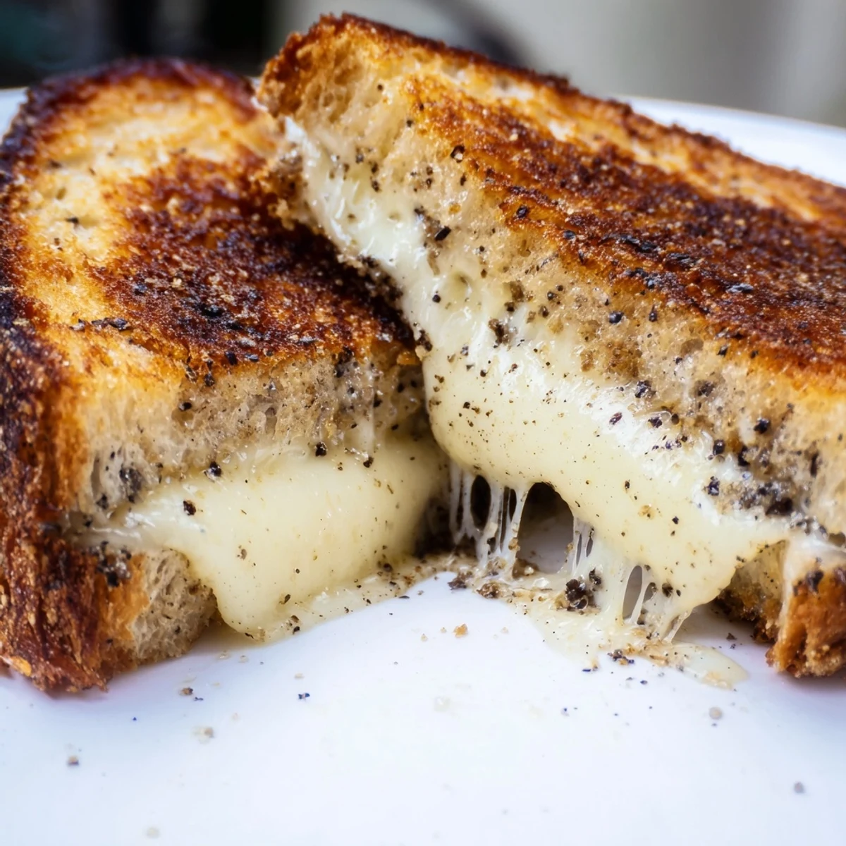 A decadent Truffle Grilled Cheese sandwich cut diagonally to reveal the gooey, melted Gruyère center and glistening truffle oil on sourdough bread.