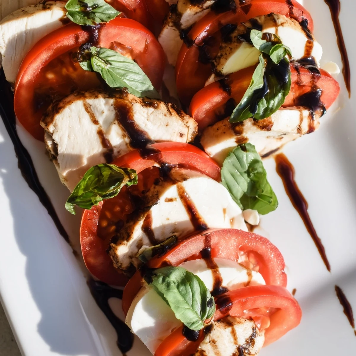 Grilled chicken slices atop tomatoes, mozzarella, and fresh basil drizzled with tangy balsamic glaze.  