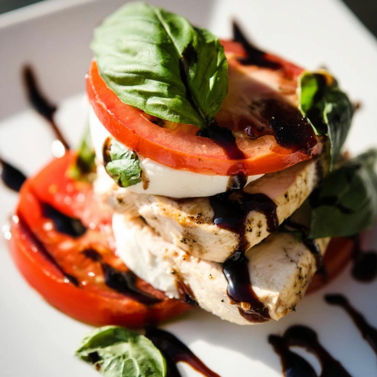 Fresh Chicken Caprese Salad with balsamic glaze, perfect for a light and healthy dinner.