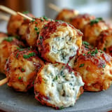 Savory stuffed olive cheese balls baked golden, presented on skewers for easy serving.