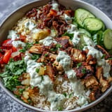 Flavorful Middle Eastern Shawarma Bowl with creamy tahini sauce and fresh veggies.