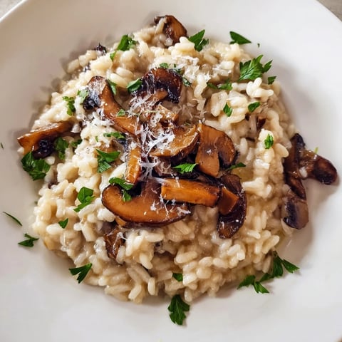 Golden-brown roasted mushrooms nestled in a creamy, white arborio rice risotto, garnished with fresh parsley and grated Parmesan.
