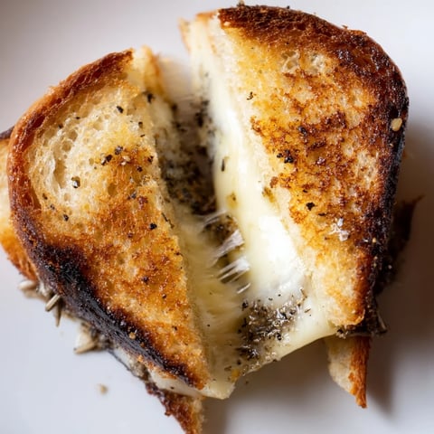 A close-up of a golden, buttery Truffle Grilled Cheese sandwich, oozing melted Gruyère and drizzled with aromatic truffle oil on a rustic wooden board.